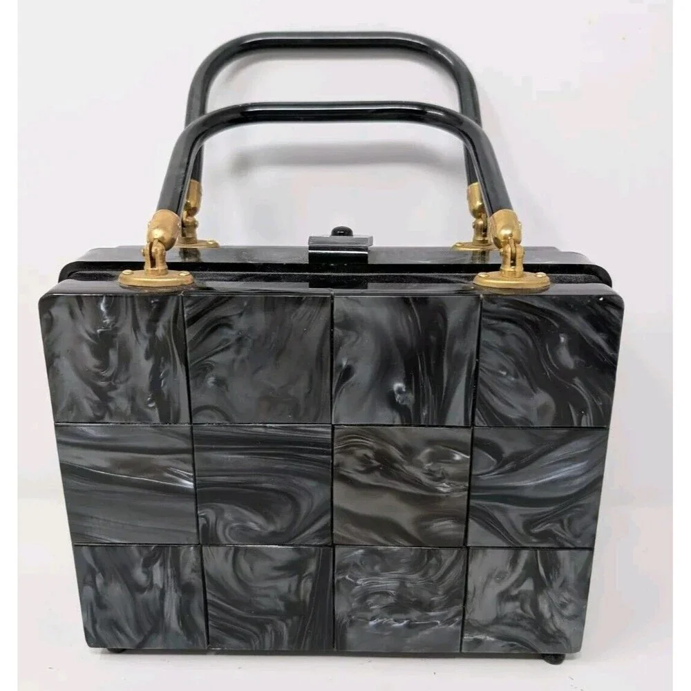 Vintage StyleCraft Handbag Purse Black Pearlized Marbled Lucite Vanity 60s As Is - Picture 1 of 11